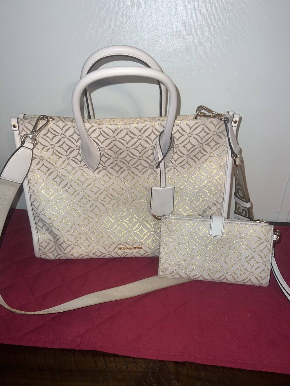 Michael Kors Cream & Gold Logo-Print Satchel with Wristlet